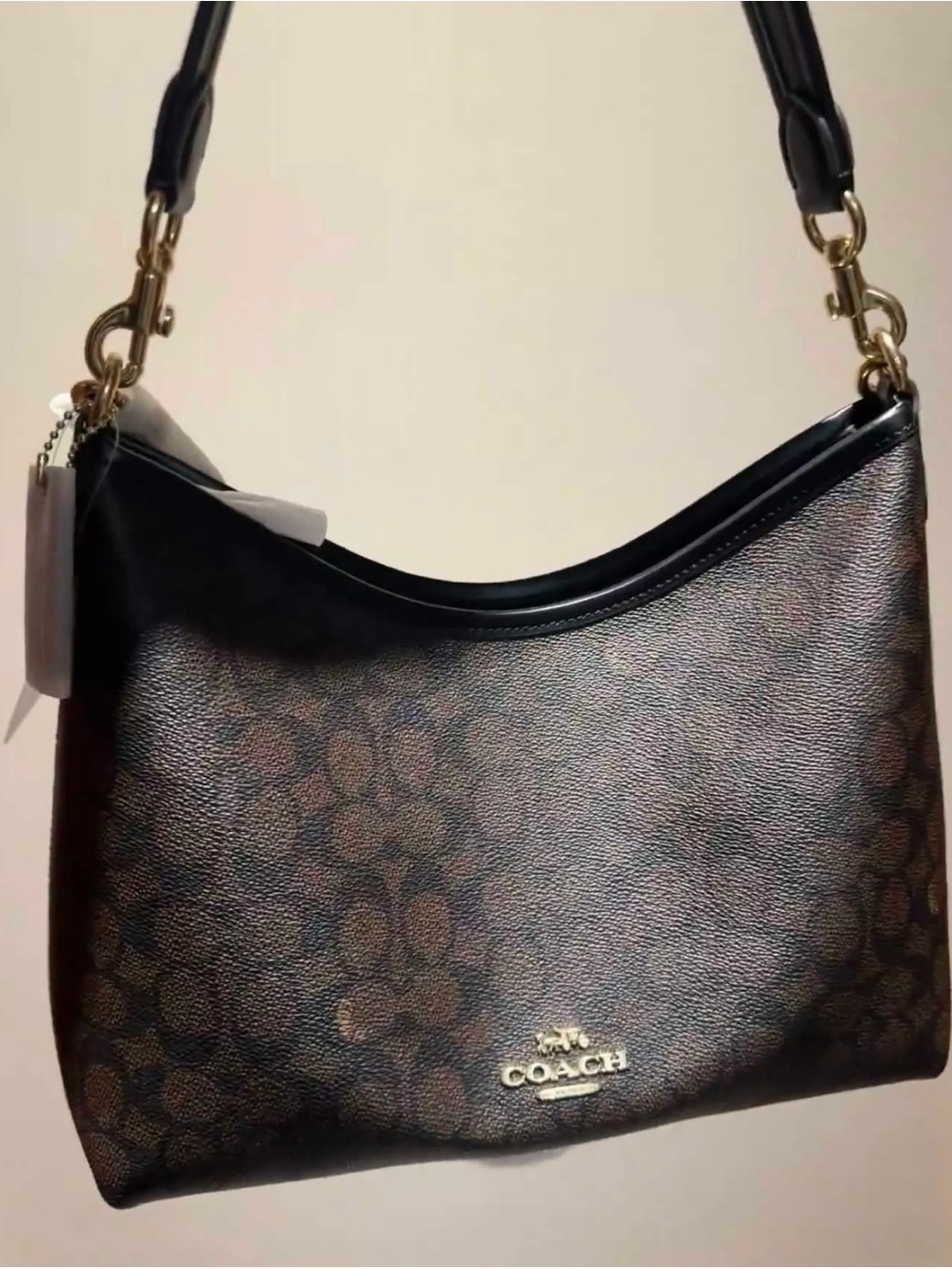Coach Brown Signature Canvas Shoulder Bag with Black Trim